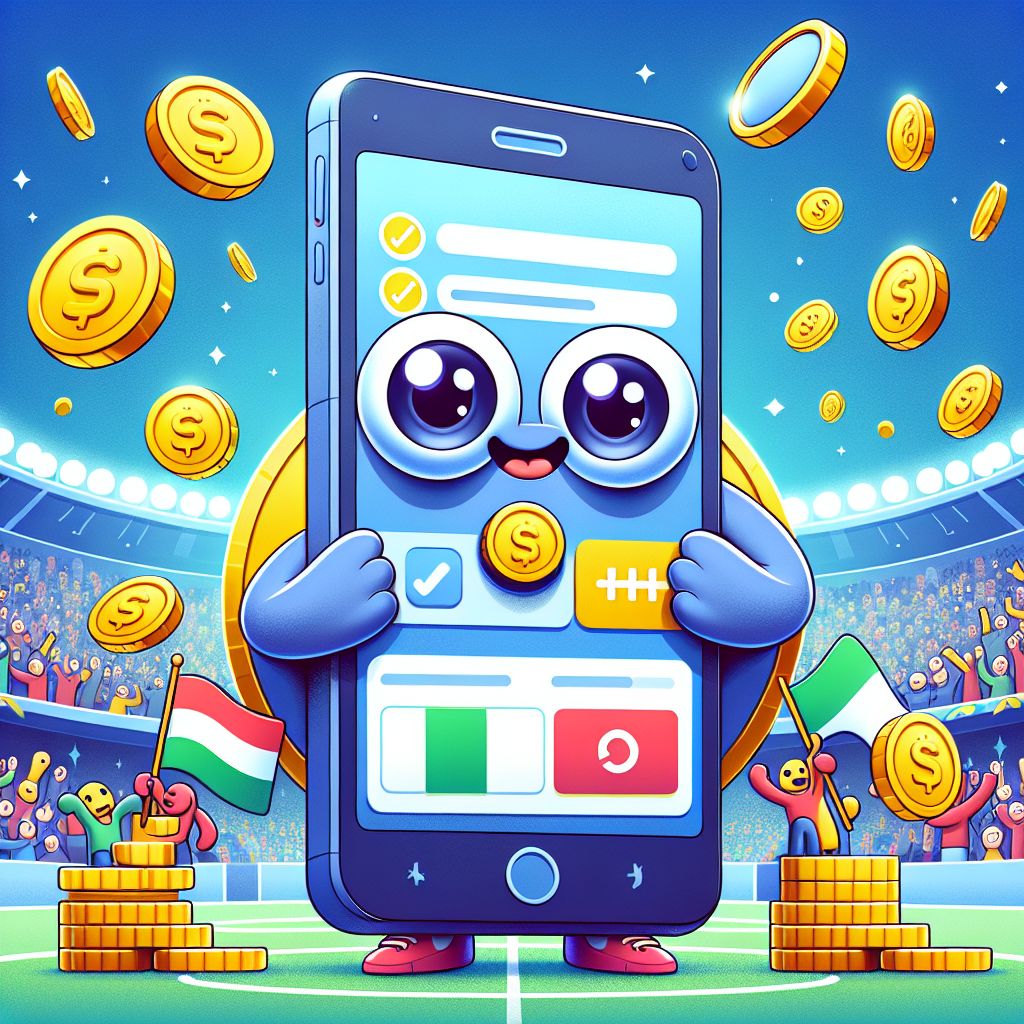 Cartoon character holding a smartphone with 1xbd app betting screen