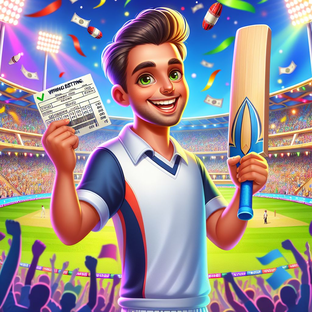1xbd sports betting cartoon character holding a cricket bat and winning cash