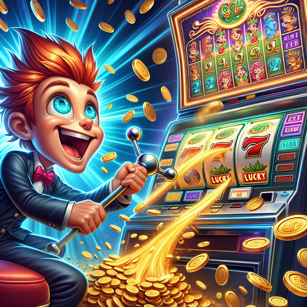 1xbd cartoon character hitting a massive slot machine jackpot with gold coins falling